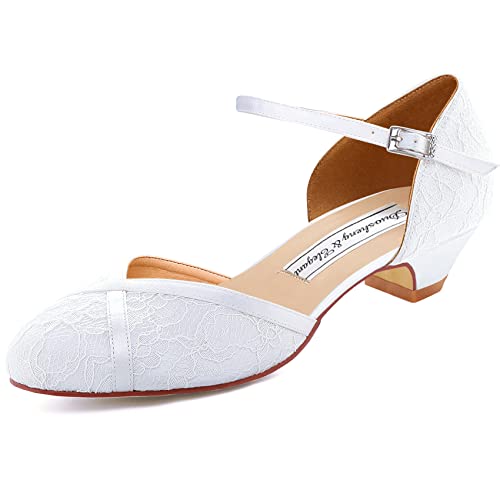 Duosheng & Elegant HC2023 Zapatos Novia Tacon Bajo con Punta Cerrada Zapatos Comodos Mujer de Encaje...