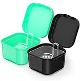 2 Pack Denture Cups for Soaking Dentures, Colorful Denture Bath Case with Brush, Denture Cup Soaking Holder False Teeth Container Mouth Guard...