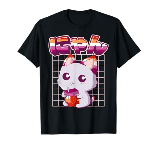 Lesbian Pride Gay Kawaii Katze Erdbeermilch Lesbische Flagge T-Shirt