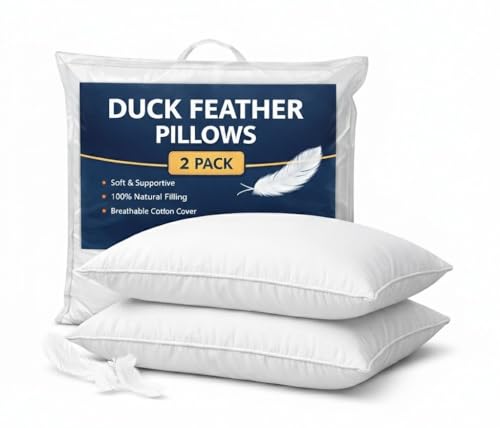 Adam Home Juego de 2 almohadas de plumas de pato de calidad de hotel (tamaño estándar) – Almohadas de plumón de lujo extra suaves rellenas en funda 100% algodón (blanco, 48 x 74)