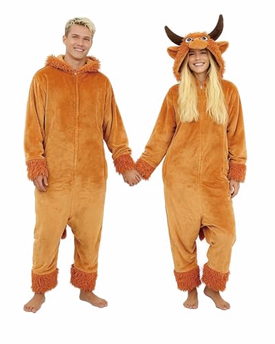 homwepajs Adult Highland Cow Onesie Pajamas Unisex Cute Animal Costume Cosplay Halloween Jumpsuit Sleepwear for Women Men