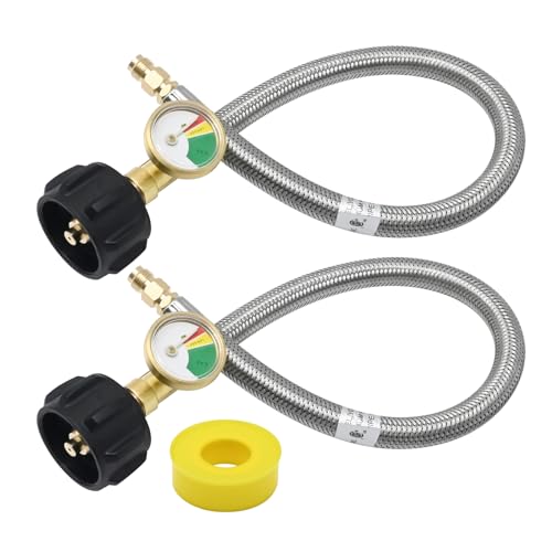 CADUFUELLY 18 Inch RV Propane Hoses with Gauge, Stainless Steel Braided Camper Propane Hose, RV Gas Hose with QCC1 Replacement for Standard 2-Stage Regulator 1/4 Inch Male (2Pcs)