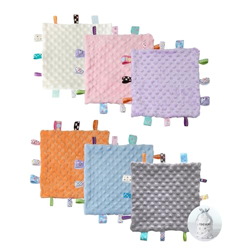 Image of CREVENT Tag Security Blankets for Babies, Soft Small Loveys for Girls, Baby Comforter Sensory Blanket, Great Gifts for Birthday Baby Shower 10"X10" (Ivory + Pink + Grey + Blue + Orange + Purple)