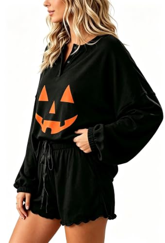 Image of Roshop Halloween Pajama Women's Pumpkin Matching Top & Shorts Loungewear Set
