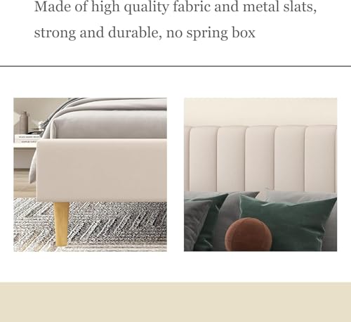 Image of Low Profile Upholstered Platform Bed with Winback Headboard | Bed King Size | Bed Without Storage | Upholstered Beds King Size | Mattress not Included | Finish Color:- Beige