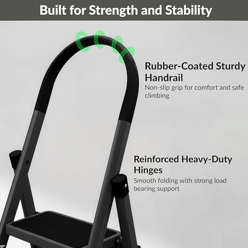 Image of Plantex Ladder for Home 3 Steps /Foldable Ladder with Anti-Skid Wide Steps (30L x 20W cm) /Strong D-Shape Pipe with X-Support for More Stability /5 Year Warranty(Apex-Black)