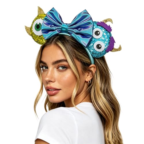 Bolonar Monsters Mouse Ears Headband for Women Sequin Blue Bows