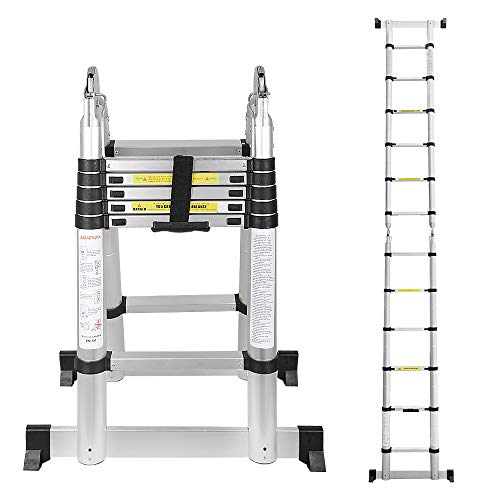 Herrselsam Échelle Pliante antidérapante, 3,8M (1,9 + 1,9) Échelle télescopique Pliable en Aluminium, Échelle multifonctionnelle, Pliable, Antidérapante, Charge maximale 330lbs(150 kg) Cover