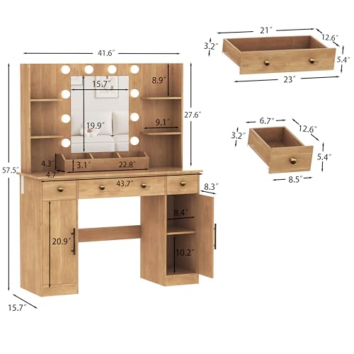 Image of HUANLEGO Vanity Desk with Mirror and Lights, Makeup Vanity with Mirror and LED Lights & Power Outlet, 3 Drawers and Cabinets, 3 Lighting Modes Dressing Table Set for Girls Women Bedroom,Oak