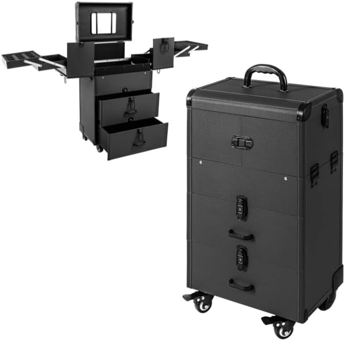 YIYIONCE Rolling Maquillaje Tren Caso Actualización LockablePortátil Cosméticos Organizador Carro Grande Maquillaje Estuche con Ruedas y Cajones,