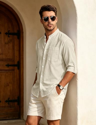 LINENNMAIN Men's Cotton Linen Button-Down Shirt, Khaki #TOP25