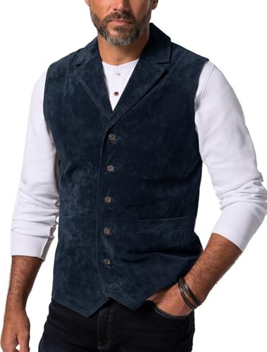 Men's Suede Leather Suit Vest With Lapel Formal Business Western Cowboy Waistcoat