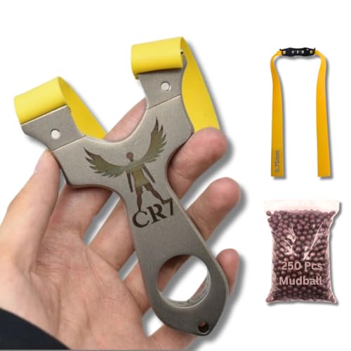 Image of CR7 304 Stainless Steel Slingshot with Yellow Rubber Band & 250 Mud Balls - Ergonomic Silver Design & Balanced Frame