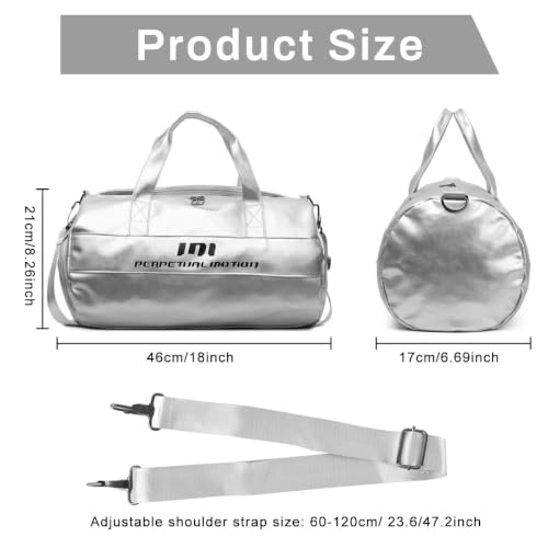 Image of PALAY Gym Bag for Women Silver PU Leather Travel Bags with Shoe Compartment and Wet Pocket Waterproof Large Capacity Duffel Bag for Sports, Swimming, Weekend and Overnight Use