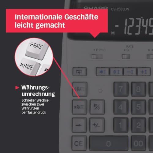 Sharp CS-2635LW Druckender Tischrechner, 12-stellig, LCD Display, Tax & Währungsumrechnung, schwarz/rot Druck, Heavy-Duty-Druckwerk, Netzanschluss