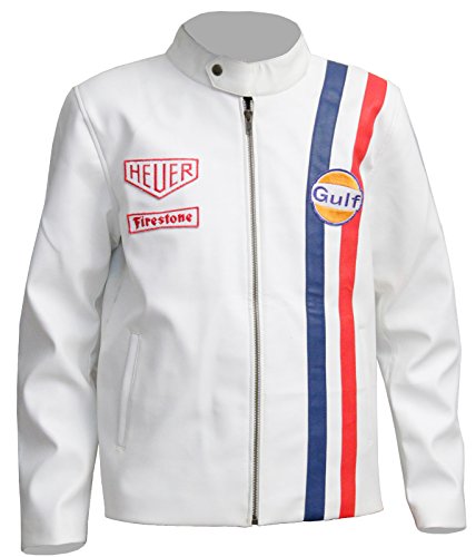 White Racing Genuine Leather Jacket for Mens