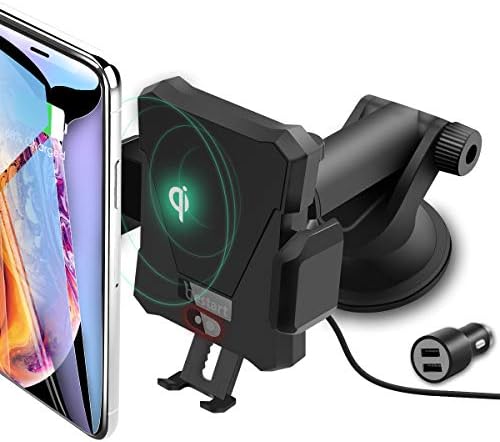 Fast Wireless Car Charger,ZealSound Qi-Certified Car Charge Smart Infrared Sensor Auto Clamp Mount & Smart Windshield Dashboard Air Vent Phone Holder with Quick QC 3.0 Adapter for All Qi Phones(Black)