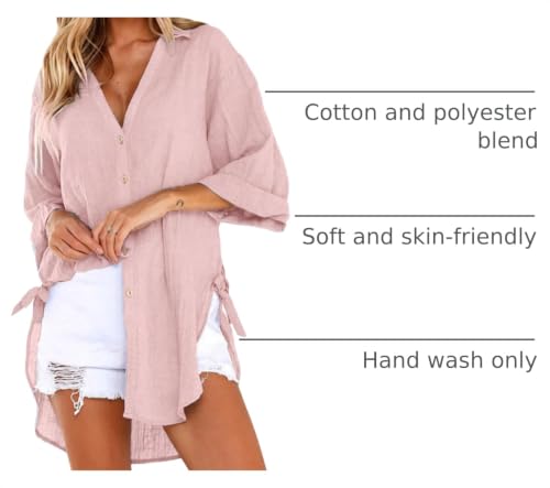 Image of Bozanly V Neck 3 /4 Sleeve Button Shirts Summer Beach Blouse Tops for Women