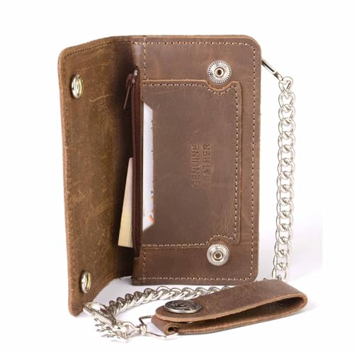 Milwaukee Leather MLW7827 Men's 6” Brown Leather Bi-Fold Biker Wallet w/Anti-Theft Stainless Steel Chain and Buffalo Nickel Snaps - 6 Inch