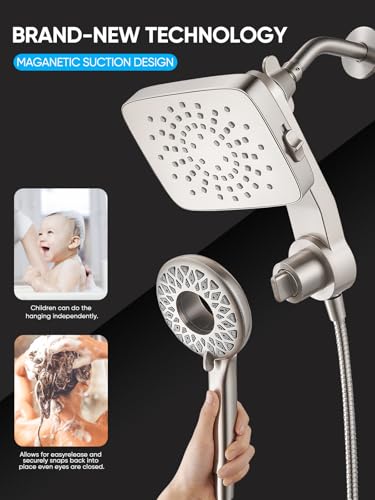 Cobbe® Regadera Dual con Cabezal Magnético Manual, Acabado en Níquel Cepillado | Combo de Ducha Lluvia, 2 en 1 Fija y Desmontable, Múltiples Modos de Rocío, Base Magnética Incorporada, Manguera de 6 ft miniatura 7