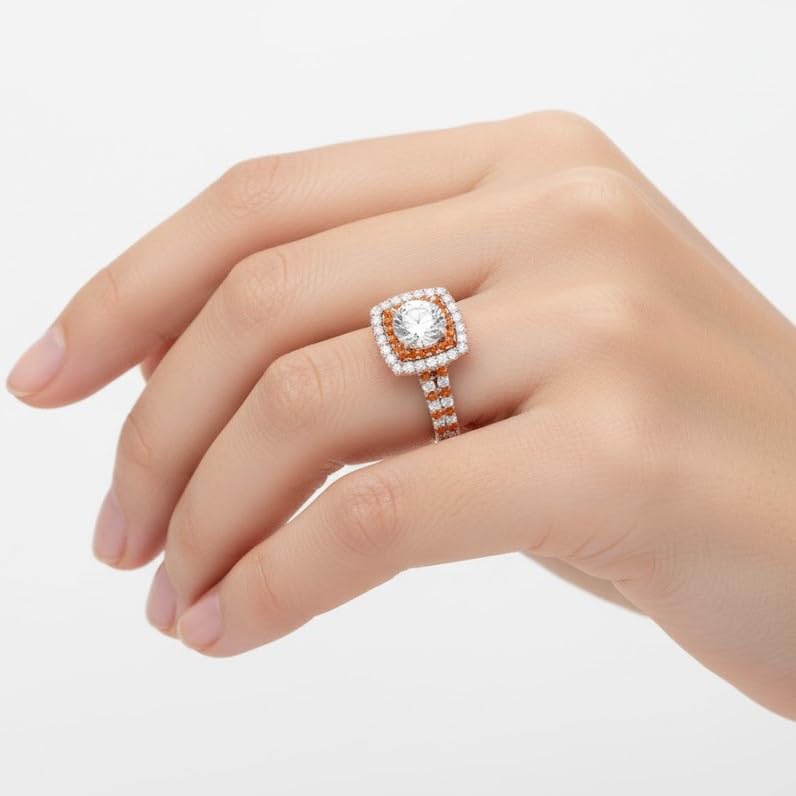 Image of 55Carat Choose Your Gemstone Double Band Square Halo Diamond CZ Ring 18K Rose Gold Plated Round Shape Halo Engagement Rings Everyday Jewelry Wedding Jewelry Handmade Gifts for Wife US Size 4 to 12