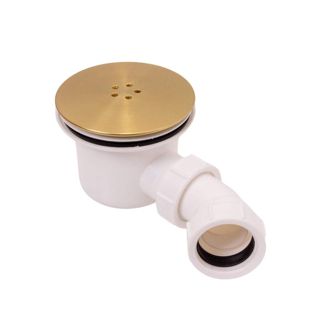 UK Standard 90mm Fast Flow Vented Shower Tray Waste Trap – Low Profile Shower Drain Waste & Trap with Removable Hair Catcher Basket (Brushed Brass)