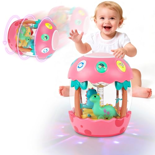Image of M SANMERSEN Baby Girl Toys 6-12 Months, Dinosaur Rotating Light Up Musical Baby Toys for 0-6 12-18 Months Newborn Infant Crawling Tummy Time Toys, Birthday Valentines Day Baby Girl Gifts - Pink