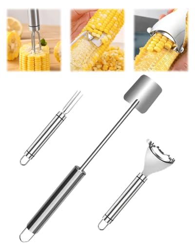 UrBestChoose 3PCS Corn Peeler Set – Stainless Steel Corn Stripper Tool with Cutter, Planer & Holder – Quickly Remove Kernels from Corn on the Cob – Dishwasher Safe, Easy Grip Handle, for Home & BBQ