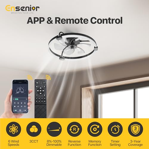 Ensenior Deckenventilator mit Beleuchtung, 50cm Deckenlampe mit Ventilator & Fernbedienung, 6 Geschwindigkeiten Leise, Stufenlos Dimmbar (3000K-6500K), Flaches Design für Schlafzimmer Büro - Schwarz
