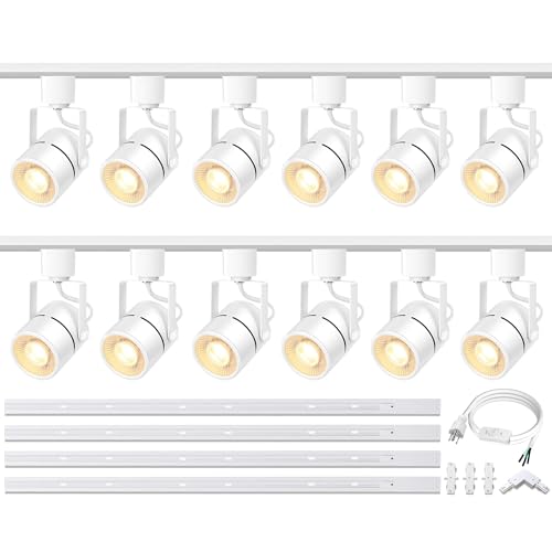 Image of White Track Lighting Heads Kit, Dimmable 12-Light GU10 LED Track Lights with 13.12FT H Type Track Rails 10W 3000K Warm White Ceiling Spotlight Fixture with Replaceable GU10 LED Bulbs