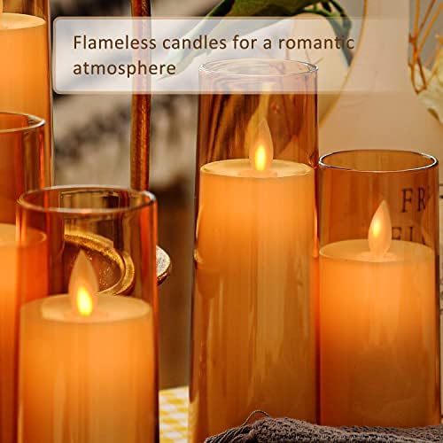Image of LTETTES Acrylic Fiber Glass LED Pillar Candle Set of 3 | Flameless with Flickering Wick | 2 AA Battery Powered with Remote | Perfect for Home Decor & Gifting | H 5.5'', 6.5'', 7.5'' D 2.3'' | Gold