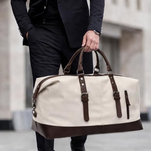 Image of CAVALO - Be Unique Vintage Canvas Travel Duffel Bag for Men & Women, 40L Large Capacity Weekender Bag with Detachable Shoulder Strap, Leather Handles, for Travel, Gym & Business Trips (White)