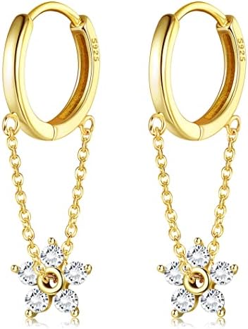 925 Sterling Silver Chain Hoop Earrings for Women Cute Flower Star Moon Dangle Earrings Minimalist Small Huggie Hoop Earrings 16MM