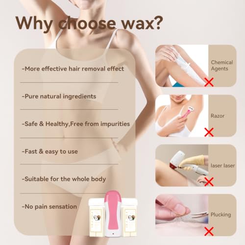 Image of Roll On Waxing Kit for Sensitive Skin - Hair Removal with 2 Coconut Soft Wax Cartridges and 100 Non-Woven Wax Strips, 10 Wipes