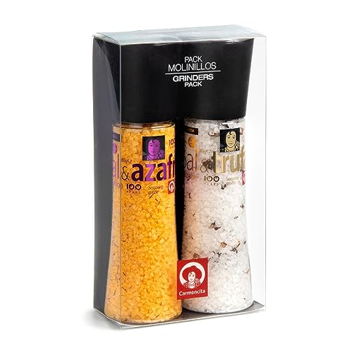CARMENCITA - Pack 2 Molinillos Gigantes | Sal y Azafrán | Sal y Trufa | Sazonador de sal con especias para cocinar | Sal condimentada perfecta pastas, carnes, salsas, tortillas y verduras | 720 g