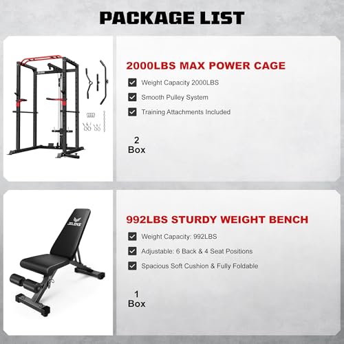 Image of JELENS S11 Power Cage, 2000LB Multi-Function Power Rack with LAT Pulldown, Squat Rack with Adjustable Pulley System and Training Attachments, Weight Rack for Home Gym
