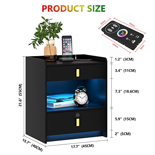 Vlsrka Nightstand With Led Lights And Wireless Charging Station, Modern Bedside Table With 2 Drawers And Open Storage,End Side Table With Lock,Smart Night Stand For Bedroom, 24 Colors Rgb Lights,Black #TOP1