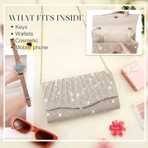 Image of Clutch Purses for Women Evening Bag Formal Dressy | Crossbody Bag with Metal Chain, Stylish Clutch, Pleated Style, Polyester, for Wedding, Prom, Cocktail Party