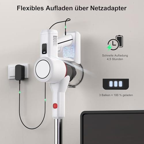 Syntecno Akku Staubsauger Kabellos Vacuum Cleaner - 3-In-1 Akkustaubsauger Kabelloser Weiß Akkusauger Cordless mit Licht Stabstaubsauger ohne Kabel mit Display für Tierhaare Teppiche Hartböden Auto