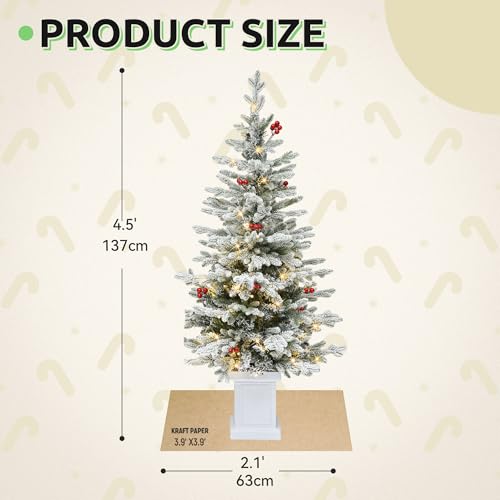 GOOBED 4.5ft Potted Pre-Lit Flocked Arctic Fir Pencil Christmas Tree with 358 PE & PVC Branch Tips, 100 LED Lights, 11 Artificial Berries, Slim Potted Christmas Tree for Home, Porch, or Living Room