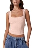 QINSEN Womens Soft Stretchy Lace Trim Tank Top Full Back Square Neck T Shirt Crop Top Pink XS