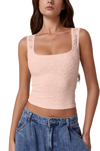 QINSEN Womens Soft Stretchy Lace Trim Tank Top Full Back Square Neck T Shirt Crop Top Pink XS