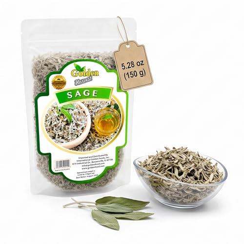 Golden Harvest Dried Sage Leaves | Gluten-Free, Non-GMO & Vegan | Caffeine-Free Loose Leaf Tea | Perfect for Sage Leaf Tea, Cooking, Soup, Poultry, Stuffing & Seasoning | 5.28 oz (150 g)