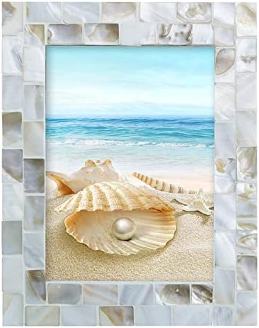 Handmade Picture Frames, 5" x 7"Vintage Mother of Pearl Photo Frame,Unique Natural Style,Chic Mosaic Beach Picture Frame Tabletop or Wall Hanging Display Frame (White, 5x7")