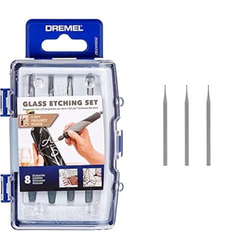 Dremel 682 Coffret Kit d’Accessoires de Gravure sur Verre Incluant 8 Accessoires Multi-Usage pour le Travail du Verre pour Outils Rotatifs & 105 Lot de 3 Fraises à Graver, Bout Rond, Ø 0,8mm