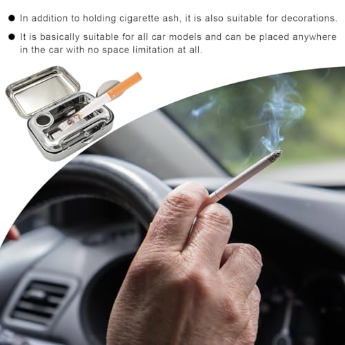 Image of Mini Portable Ashtrays, Metal Pocket Dustproof Car Ash Tray with Lid, Compact Square Windproof Car Cigar Ashtrays, Decorative Cigarette Snuffers Ashtray for Car Home Office (Silver)