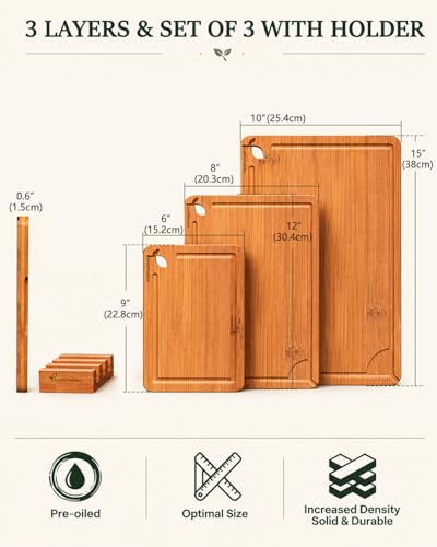 Cutting Board Set with Holder Bamboo Cutting Boards for Kitchen Set Of 3 - Image 5
