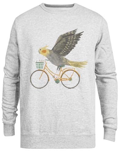 Calopsitte sur un vélo pull gris chaud et doux contre la grisaille hivernale