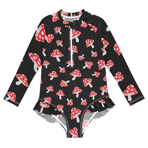 Girls One Piece Swimsuits Long Sleeve Swimsuit Zipper Bathing Suits Magic Mushrooms Black