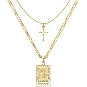 KELORIS PATH Gold Layered Initial Cross Necklace, 14K Gold Plated Layering Square Letter Pendant Figaro Chain Cross Choker from A-Z Capital Jewelry for Women Girls